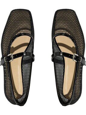 Women's Lace Mesh Ballet Flats Shoes Black S Square Closed Toe Shoes Summer Flat